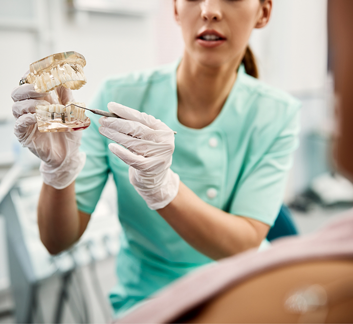 Dentist showing a model of the mouth with a dental implant to a patient