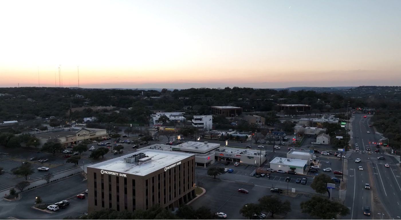 Aerial view of a neighborhood in Austin at dusk