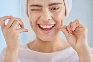 Woman facing the camera and flossing her teeth